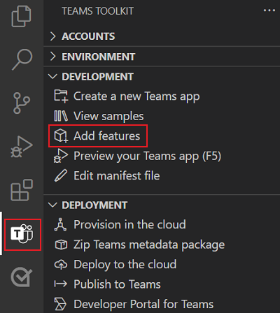 A captura de tela mostra a opção Adicionar recursos na opção Desenvolvimento no Visual Studio Code.